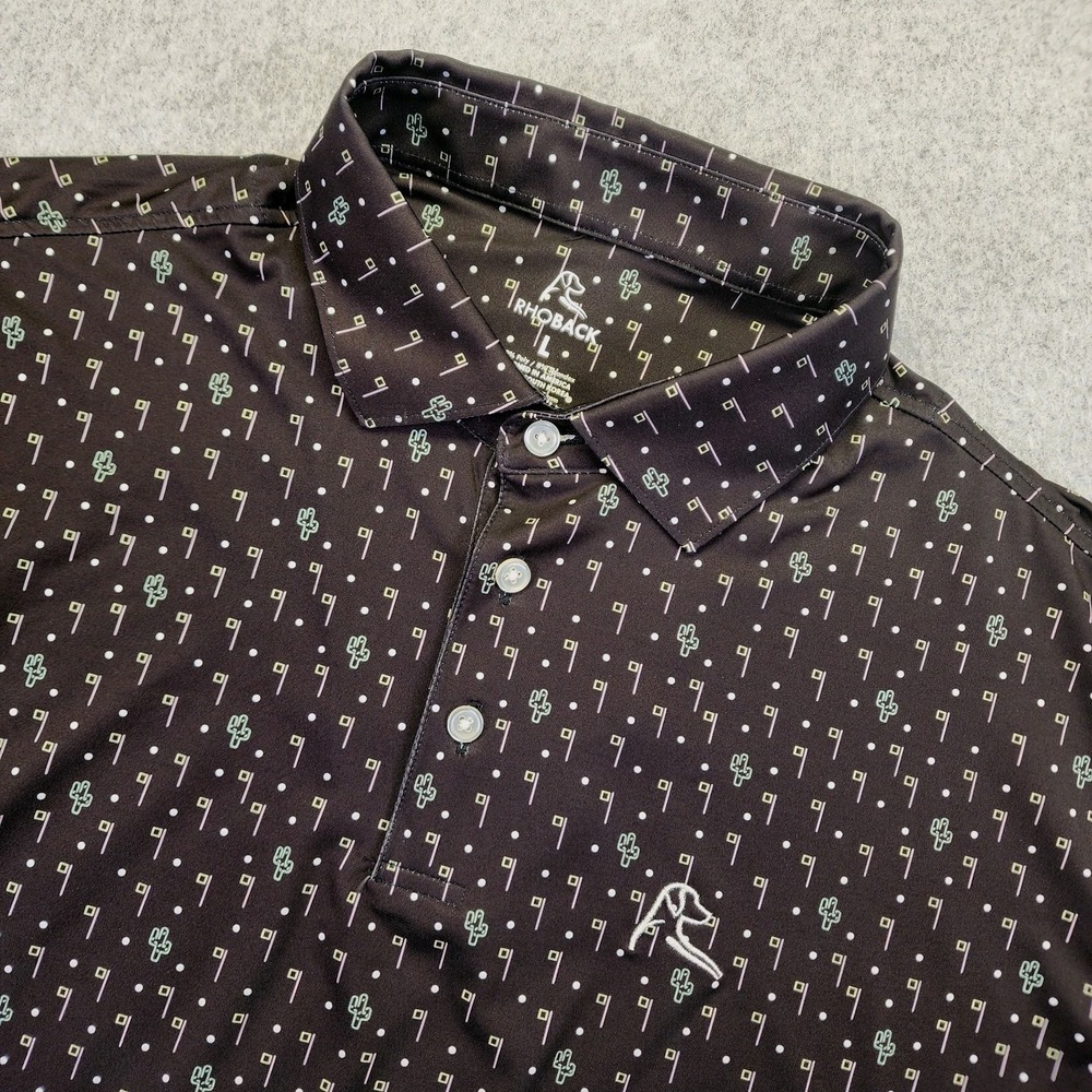 Rhoback Polo Shirt Men's L Cactus Flagstick Print Golf Performance Stretch Black